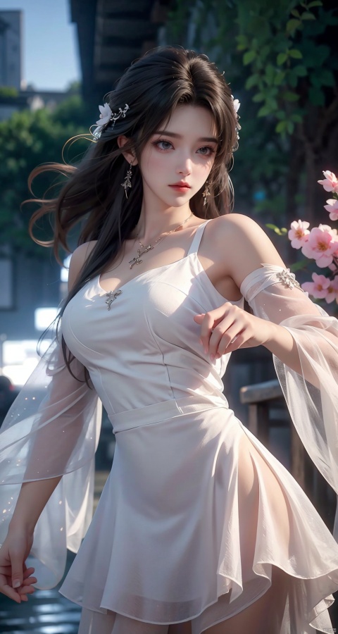  DaoTeGC,white dress,Epic CG masterpiece,hdr,dtm,8K,ultra detailed graphic tension,dynamic poses,stunning colors,3D rendering,surrealism,cinematic lighting effects,realism,00 renderer,super realistic,super vista,HD,DaoTeGC,jewelry,flower,detached sleeves,floating hair,white dress, Hanama wine, midjourney, BJ_Violent_graffiti, yunqing, 30710, 1 girl
