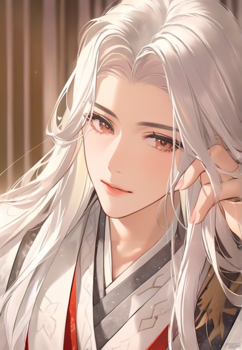  (best quality), ((masterpiece)), (highres), illustration, original, extremely detailed,yuan,1boy, male focus, solo, long hair, green eyes, white hair, bishounen, portrait