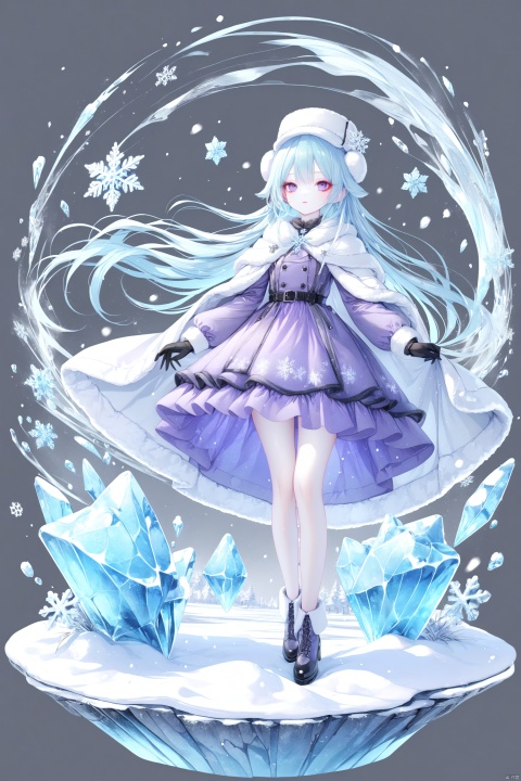  (masterpiece),(best quality),illustration,ultra detailed,hdr,Depth of field,(colorful),[pottsness],[iumu],[Sheya],transparent background, 1girl, solo, long hair, snowflakes, gloves, blue hair, hat, fur hat, black gloves, white headwear, dress, ushanka, long sleeves, ice, purple eyes, full body, coat, snow, cape, very long hair, floating hair, frills
