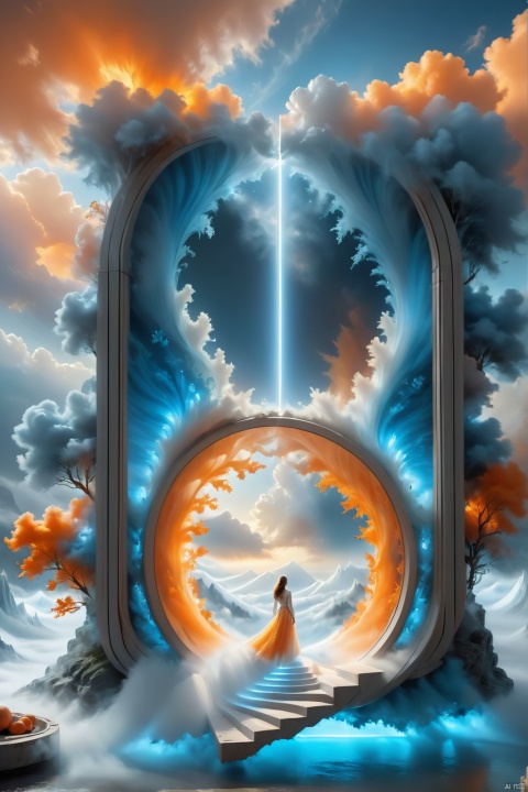  A 4K abstract portal, with a surrealistic, yet realistic, design and a captivating atmosphere., scenery, 1girl,Tyndall phenomenon,best quality,Super detailed,actual,professional,blue lace wedding dress,rows of orange beams,cloud,mist,,White minimalist,partial reflection,Desktop Wallpapers,