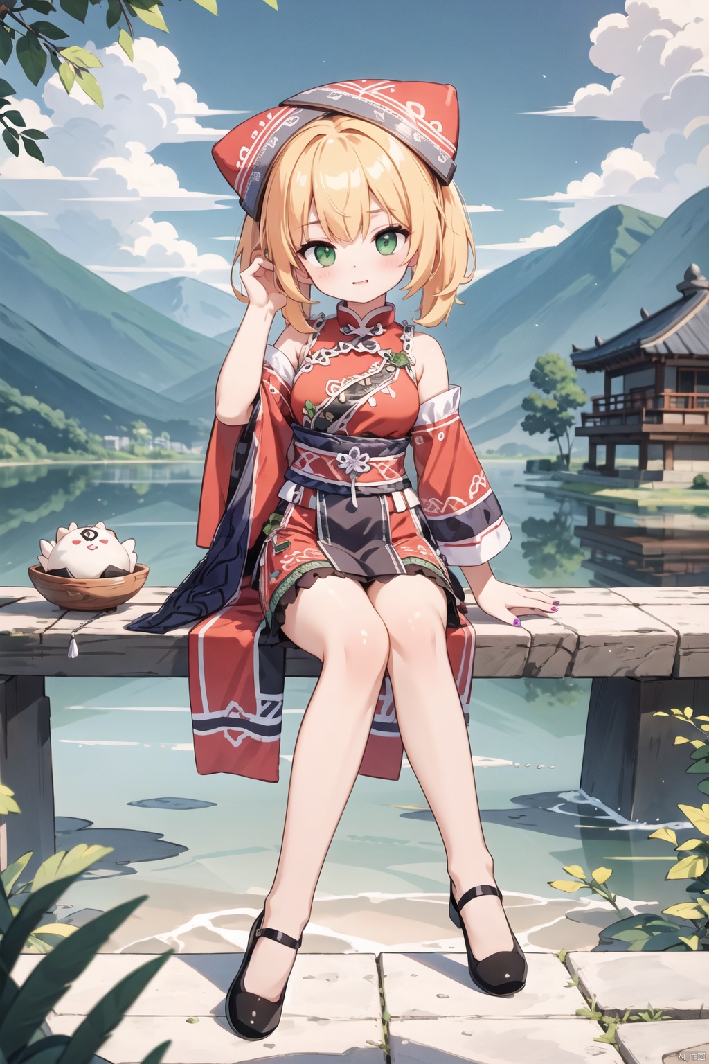  (best quality,4k,8k,highres,masterpiece:1.2),ultra-detailed,HDR,cinematic lighting,zhuang,A girl with long brown hair and crossed bangs, wearing vibrant Chinese clothes, sits by a river under a sky filled with falling leaves. She has striking green eyes and green nails, with streaks of green in her hair. The girl's hair partially covers her eyes, adding to her mysterious aura. She is adorned with a bead necklace, an arm tattoo, and various jewelry pieces, including rings. Multicolored footwear complements her outfit, along with a necklace featuring an orange tassel. The girl is sitting with her legs crossed, enjoying a baozi (Chinese steamed bun) and a dumpling, with a leaf delicately placed on her head. The scene is peaceful, with clouds in the sky adding to the serene atmosphere.