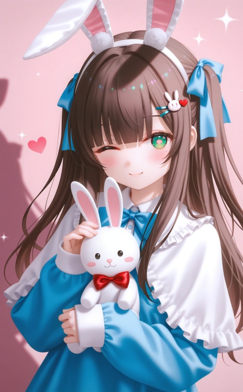 masterpiece,absurdres,best quality,((petite)),high quality,chromatic_aberration,shiny_skin,
//,
1girl, heart, green eyes, hair ornament, one eye closed, x hair ornament, long hair, blush, brown hair, bow, animal ears, pink background, solo, fake animal ears, frills, rabbit, rabbit ears, closed mouth, looking at viewer, two side up, smile, hairband, symbol-shaped pupils, rabbit hair ornament, wings, hairclip, blue bow, holding, long sleeves, blunt bangs, heart hair ornament, capelet, sleeves past wrists, upper body, sparkle, dress, hair bow, red bow, stuffed toy
//,
photorealistic,Artist myowa,Artist:na-ga,(quasarcake:0.2),(wanke:0.9),[Artist:chen bin],Artist:tidsean,[Artist:sk (askzy)],(artist:tokkyu:0.5),(artist:momoko \(momopoco\):0.5),himitsu_(hi_mi_tsu_2),
//,
official art,depth of field,detailed light,blurry background,best shadow,shiny skin,cinematic lighting,ray tracing,