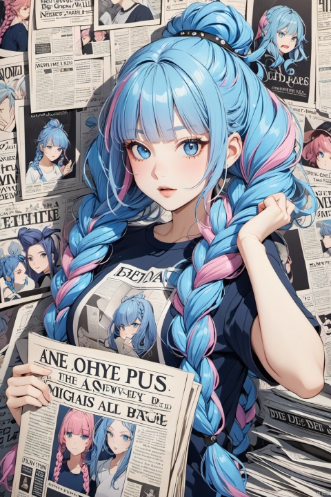  High quality, multi detail, 1 girl, all blue hair, blue hair, pink hair, braids, double braids, blue braids, blue braids, long hair, pompadu hair, bangs, big bangs, silly hair, big silly hair, fluffy hair, T-shirt, upper body, exquisite face, clear eyes, sapphire eyes, newspaper wall, clear newspaper content, 8k, HD