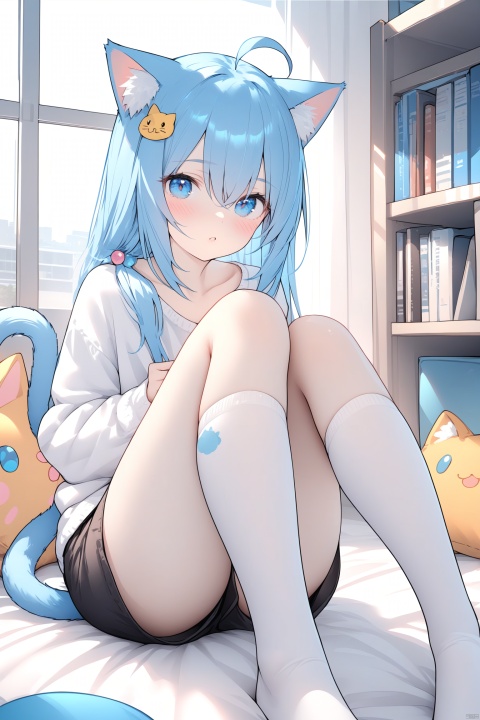  (masterpiece), (best quality), illustration, ultra detailed, hdr, Depth of field, (colorful),1girl, solo, cat ears, looking at viewer, animal ears, blue eyes, indoors, socks, blue hair, white socks, sitting, long hair, cat tail, cat girl, stuffed toy, shorts, tail, bangs, blush, knees up, on bed, white shirt, stuffed animal, long sleeves, parted lips, bookshelf, animal ear fluff, window, shirt, ahoge, collarbone, feet out of frame, short shorts, hair ornament, kneehighs, book, black shorts, hair between eyes