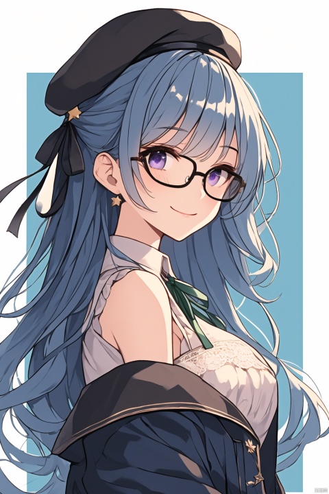  solo, virtual_youtuber, hoshimachi_suisei, long_hair, hat, blue_hair, glasses, looking_at_viewer, jacket, smile, beret, hair_twirling, upper_body, black_headwear, one_side_up, blue_eyes, off_shoulder, star_\(symbol\), green_ribbon, ribbon, lace-trimmed_sleeves, neck_ribbon, bangs, hair_ribbon, star_hair_ornament, hair_ornament, closed_mouth, black-framed_eyewear, star_in_eye, purple_eyes, shirt, blue_jacket, breasts, lace_trim, long_sleeves