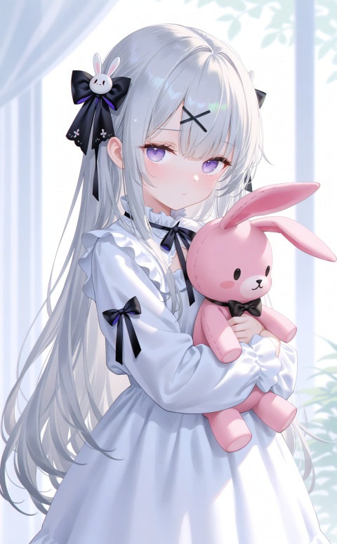 masterpiece,absurdres,best quality,petite,high quality,chromatic_aberration,
//,
1girl,purple eyes,long hair,solo,stuffed toy,dress,stuffed animal,looking at viewer,white dress,stuffed rabbit,hair ornament,ribbon,bow,hair bow,white hair,rabbit,closed mouth,long sleeves,lolita fashion,x hair ornament,grey hair,hair ribbon,rabbit hair ornament,food,hugging object,jewelry,very long hair,holding,
//,
(artist:ningen_mame:0.9),(artist:sho_(sho_lwlw):0.9),(artist:rhasta:0.9),(artist:wlop:0.7),(artist:ke-ta:0.6),(fkey:0.5),(fuzichoco:0.6),artist:chen bin,(artist:atdan:0.8),
(artist:hyouuma:0.8),