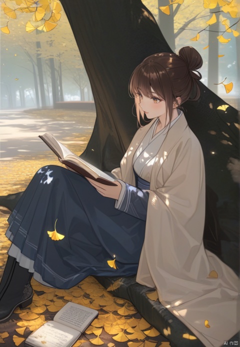  (best quality), ((masterpiece)), (highres), illustration, original, very detailed, licg, 1girl, leaves, fallen leaves, book, sitting, bun, reading, tree, brown hair, solo, ginkgo leaf
