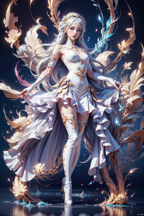 tianqijijijia, solo, 1girl, long hair, blue eyes, gloves, smile, looking at viewer, bangs, full body, mecha musume, dress, high heels, white hair, boots, tattoo, thighhighs, breasts, elbow gloves, heart, bare shoulders, white dress, floating hair, high heel boots, thigh boots, inksketc
