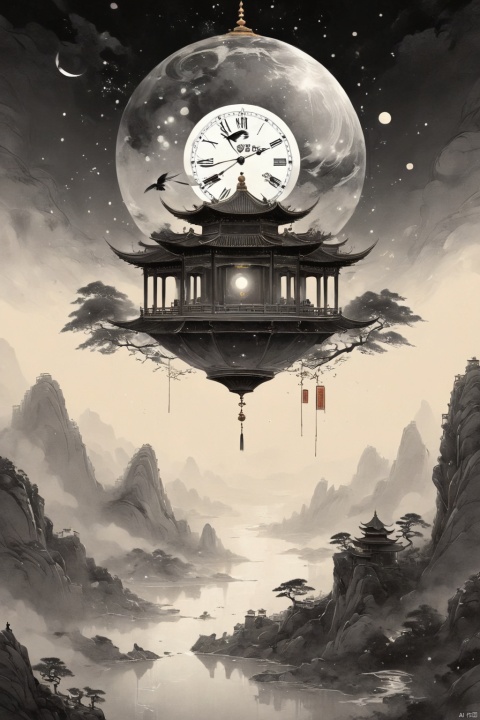 Art composition, art composition, poster, surrealism, design, creative images, starry sky, universe, nebulae, observatory, celestial globe, astrolabe, seismograph, astronomical telescope, time, ancient magician, ancient China, dragon, landscape, details, monochrome, city, grayscale, magnificent architecture, signature, cloudy sky, fantasy, gray background, lantern/light, complexity, bird, chain link, gradient background, long hair, horizon line, no one, tower, tree, surrealistic details, absurdity, Buddhist dust, crushed, foam, lens flare, Chinese characters, creative images of surrealism, bird, dust, dust cloud, East Asian architecture, flying, mist, glowing spheres, gradient, gray sky, gray theme, aura, horizon, landscape, light, illumination, mask, monster, moon, mountains, official art creative images, official style 1] orange background, orange theme, outdoors, painting (medium), planets, clock, realism, rocks, sky, spikes, splatter1] point color, fate rope, bird's-eye view