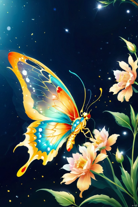  Sparkling transparent colorful butterfly, side view, fresh flowers, night, dreamy, rich details,