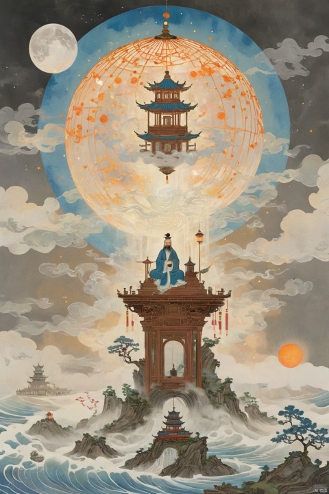 Here is a surrealistic poster art composition:

In the heart of a mystical city, an ancient Chinese man gazes up at a starry sky, surrounded by a halo of luminous orbs. A dragon's scale-armored back weaves through the clouds, its long hair flowing like wisps of fog. In the foreground, a ornate armillary sphere and astrolabe sit atop a stack of ancient tomes, with a seismograph and astronomical telescope nearby. The city's magnificent architecture rises up behind him, with a lantern-lit tower piercing the gray background. A bird perched on the windowsill appears to be flying away from the chaos below, where a massive tree trunk crashes through the pavement, its roots tangled in a chain link fence. Amidst the surreal details, a glowing ball of light hangs suspended in mid-air, illuminating the scene with an otherworldly glow.