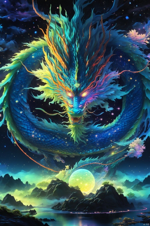  (Mythological Chinese Dragon :1.24), Epic, Black, neon Green, Blue, Fine Line, X-ray effect, Line, Fairy-tale landscape, Surrealism, Microscopic Detail, Surreal, Detail, Clear watercolor + Ink, Soft Tone, Clear Outline, Stardust, Incredibly beautiful Landscape, Dark plant, Dark Fantasy, Multi-color, Multi-layer, 3d, Line, Fiber, Carvings, color illustrations, star charts, moon, volume, unusual fluffy flowers, dark edition