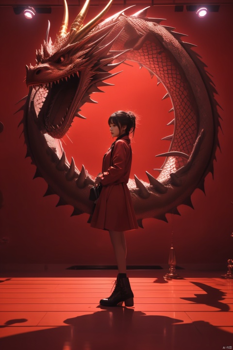  1girl,red theme,(redbackground:1.2),,dragon,longnv,(wide angle lens:1.3),better hands,, sufei, dream like