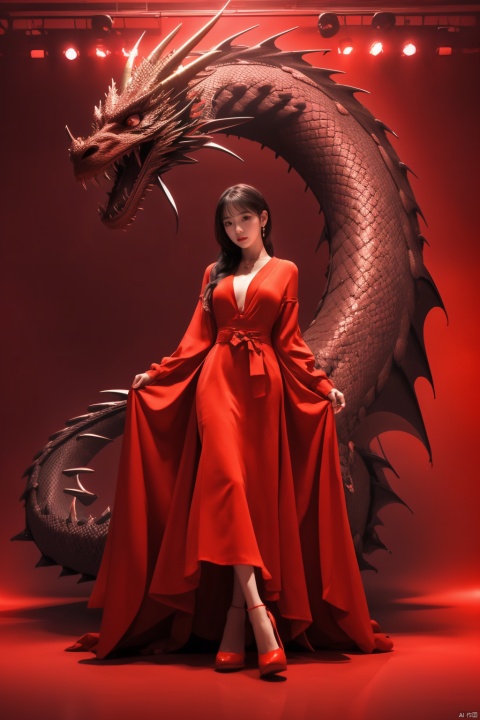  1girl,red theme,(redbackground:1.2),,dragon,longnv,(wide angle lens:1.3),better hands,, sufei, dream like