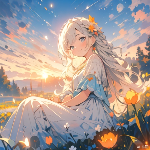  1girl, solo, dress, sitting, long hair, outdoors, earrings, jewelry, looking at viewer, field, sunset, sky, white dress, bangs, cloud, flower field, yellow flower, hair ornament, evening, closed mouth, smile, short sleeves, hair flower, grey hair