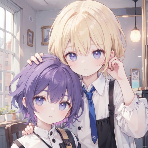  {{{masterpiece}}},{{{best quality}}},{{{extremely detailed CG unity 8k wallpaper}}}, {{{ultra-detailed}}},Two boys, one with purple hair, turned his head, raised his hand, turned his face, and leaned in. A blonde haired, straight faced, shy,