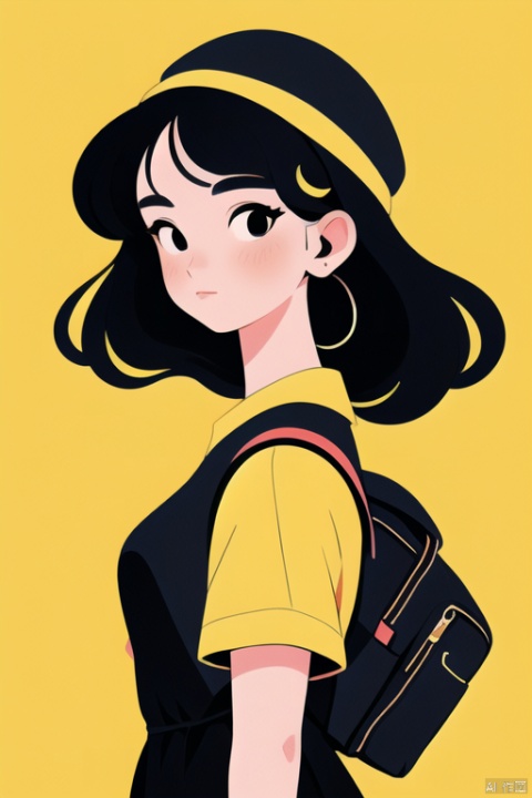  (masterpiece, top quality, best quality, official art, beautiful and aesthetic:1.2),jijian,doodle,1girl,(long curved hair),delicate face,fashion,red hat,black eyes,black hair,short dress,hair decorations,Dopamine color,backpack,dress,solid colors,shadow,layers,dark yellow background., jjmx