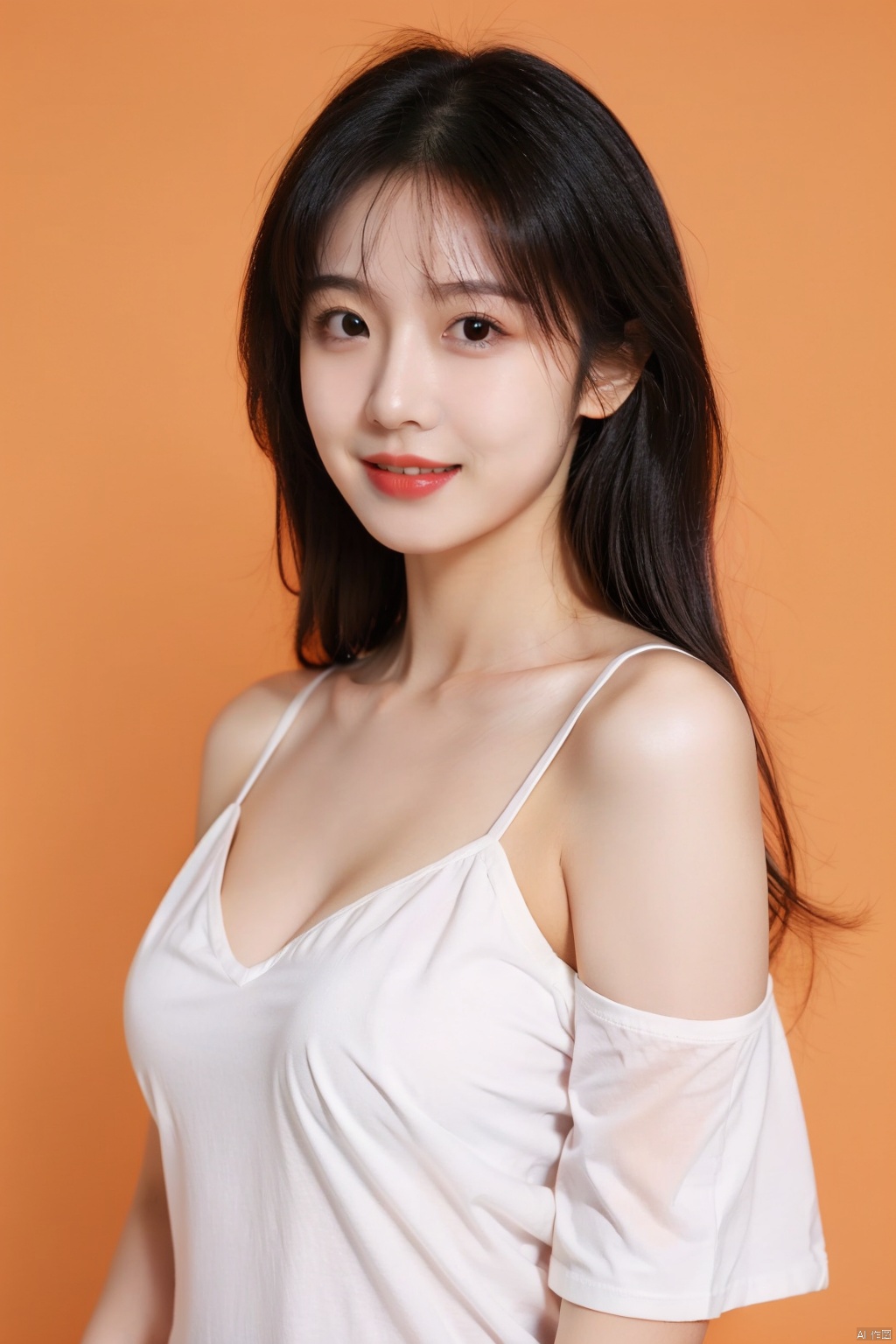  1girl, solo, breasts, cleavage, black hair, long hair, realistic, looking at viewer, smile,simple background, Orange background, parted lips, bare shoulders, lips, black eyes, Full body, off shoulder,