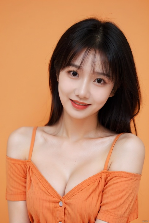  1girl, solo, breasts, cleavage, black hair, long hair, realistic, looking at viewer, smile,simple background, Orange background, parted lips, bare shoulders, lips, black eyes, upper body, off shoulder,