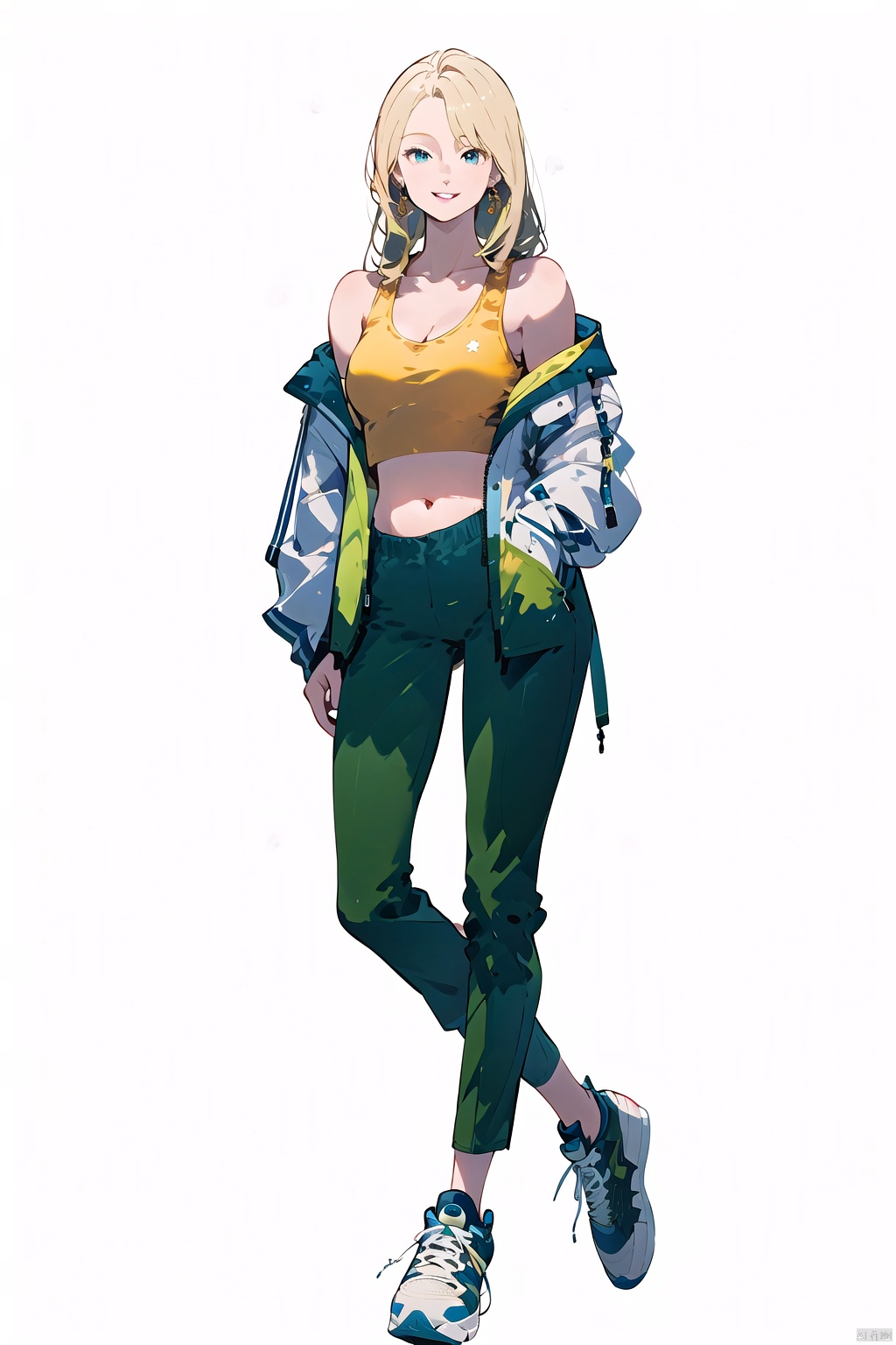  (best quality), ((masterpiece)), (highres), illustration, original, extremely detailed, 1girl, solo, long hair, breasts, white background, full body, yellow background, blonde hair, sneakers, pants, shoes, blue eyes, looking at viewer, navel, white footwear, jewelry, earrings, crop top, off shoulder, midriff, jacket, hands in pockets, bare shoulders, green pants, smile, standing, cleavage, parted lips, open clothes, **** top, medium breasts, collarbone, open jacket, floating hair,white jacket,nai3 style, nai3style,(sky background:1.2)