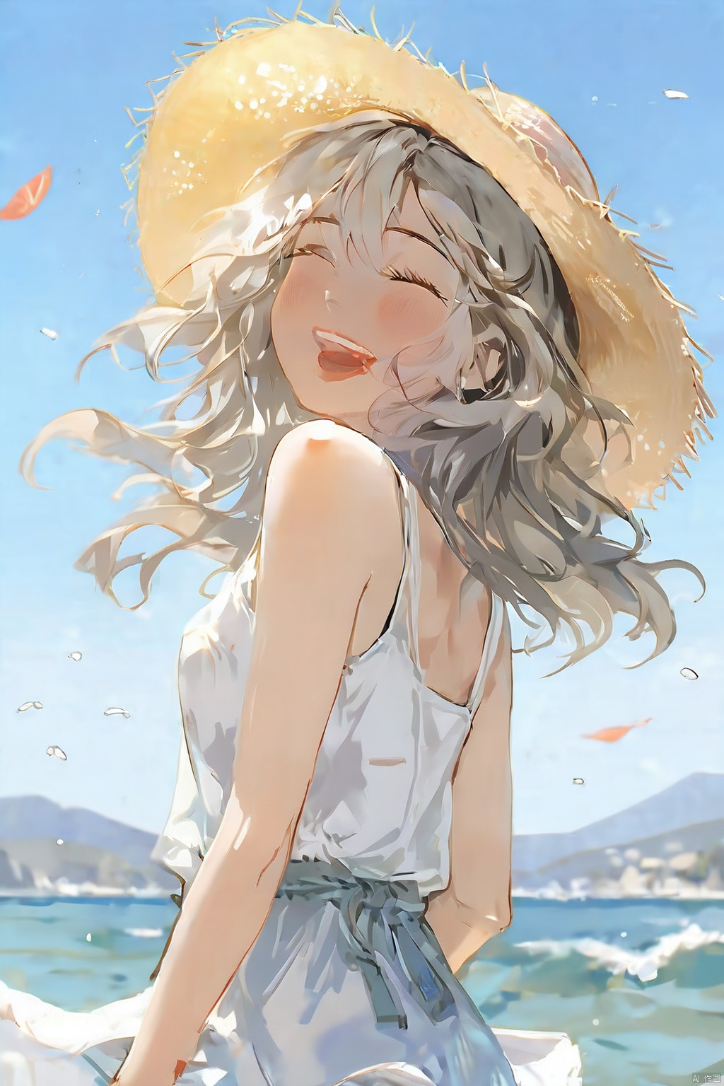  (((masterpiece))), best quality,realistic,(best quality), {{masterpiece}}, {highres}, original, extremely detailed 8K wallpaper), (full body:1.2), a female portrait, upper body ,laugh,summer clothing, dynamic postures,  seaside,(from a distance:1.2), (wide view:1.2), sharp line art, simple white background, flat, nijistyle, high_contrast, bianpingshouhui