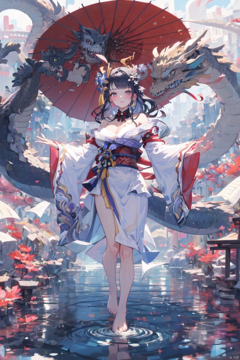  Dragon and girl,1girl,umbrella,holding umbrella,breasts,holding,long hair,barefoot,solo,bare shoulders,white hair,monster,oil-paper umbrella,glowing,floating,long sleeves,large breasts,dress,looking at viewer,bangs,wide sleeves,white dress,, raiden shogun,