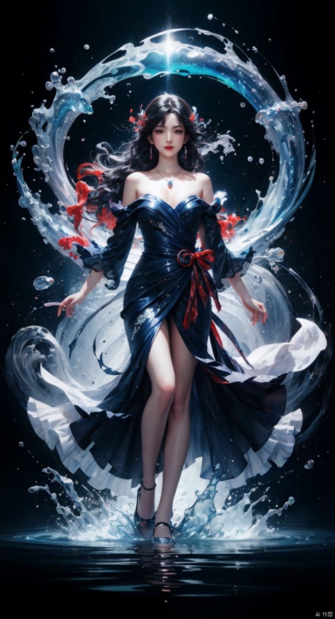  (full body:1.1),masterpiece,bestquality,8k,officialart,cinematic light,ultrahighres,movie perspective, advertising style, colorful, Colorful background, splash of color A beautiful woman with delicate facial features,dress,full body,
(wavy hair:1.1),drop earrings,necklace,shiny skin,look at view, ((ink)),(water color),girl