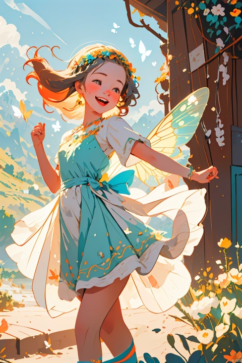  The girl has colorful butterflies on her head and is surrounded by a flower wreath in the valley. The details are prominent, bright colors, wide-angle lenses, natural light, dancing, and joyful., ((poakl)), flat, TT,