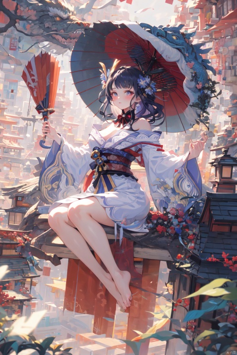  Dragon and girl,1girl,umbrella,holding umbrella,breasts,holding,long hair,barefoot,solo,bare shoulders,white hair,monster,oil-paper umbrella,glowing,floating,long sleeves,large breasts,dress,looking at viewer,bangs,wide sleeves,white dress,, raiden shogun,
