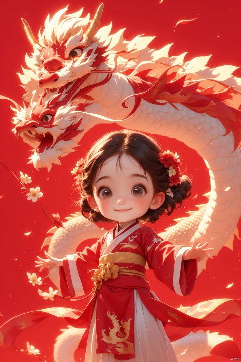  1girl,chibi face,cute,smile,delicate face,wear red hanfu,gogerous ancient dress,flowers,dynamic background,dynamic pose,a dragon behind the girl,