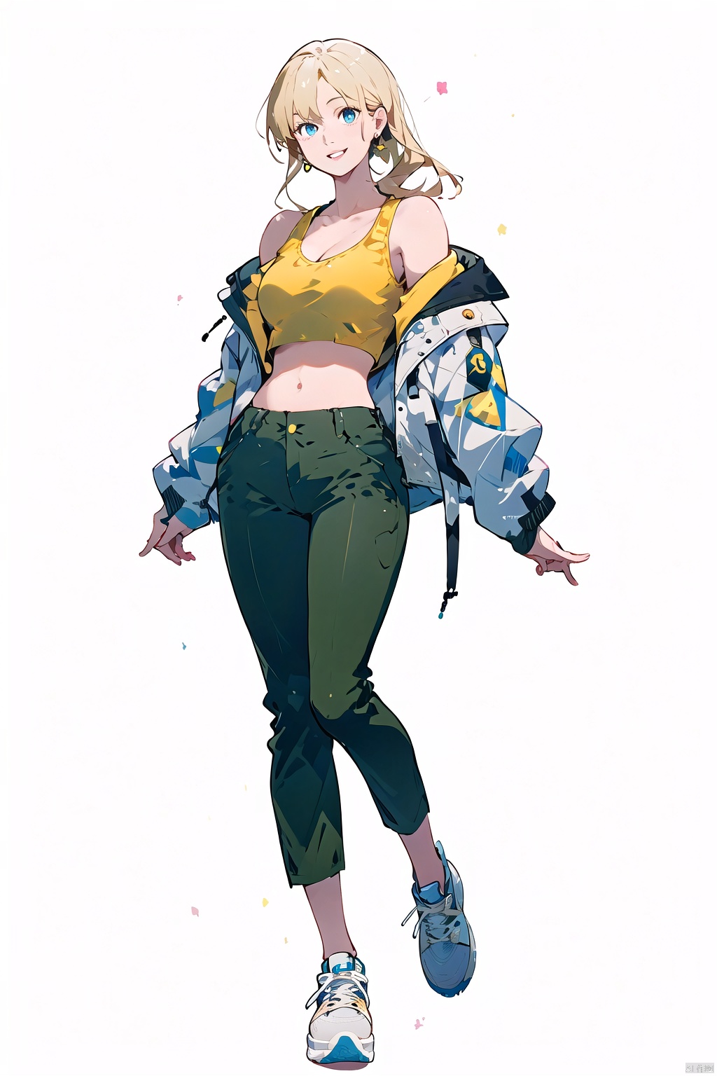  (best quality), ((masterpiece)), (highres), illustration, original, extremely detailed, 1girl, solo, long hair, breasts, white background, full body, yellow background, blonde hair, sneakers, pants, shoes, blue eyes, looking at viewer, navel, white footwear, jewelry, earrings, crop top, off shoulder, midriff, jacket, hands in pockets, bare shoulders, green pants, smile, standing, cleavage, parted lips, open clothes, **** top, medium breasts, collarbone, open jacket, floating hair,white jacket,nai3 style, nai3style