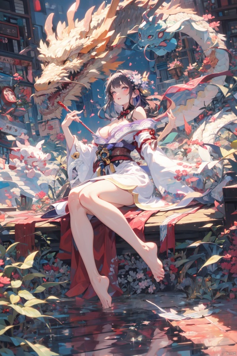  Dragon and girl,1girl,umbrella,holding umbrella,breasts,holding,long hair,barefoot,solo,bare shoulders,white hair,monster,oil-paper umbrella,glowing,floating,long sleeves,large breasts,dress,looking at viewer,bangs,wide sleeves,white dress,, raiden shogun,