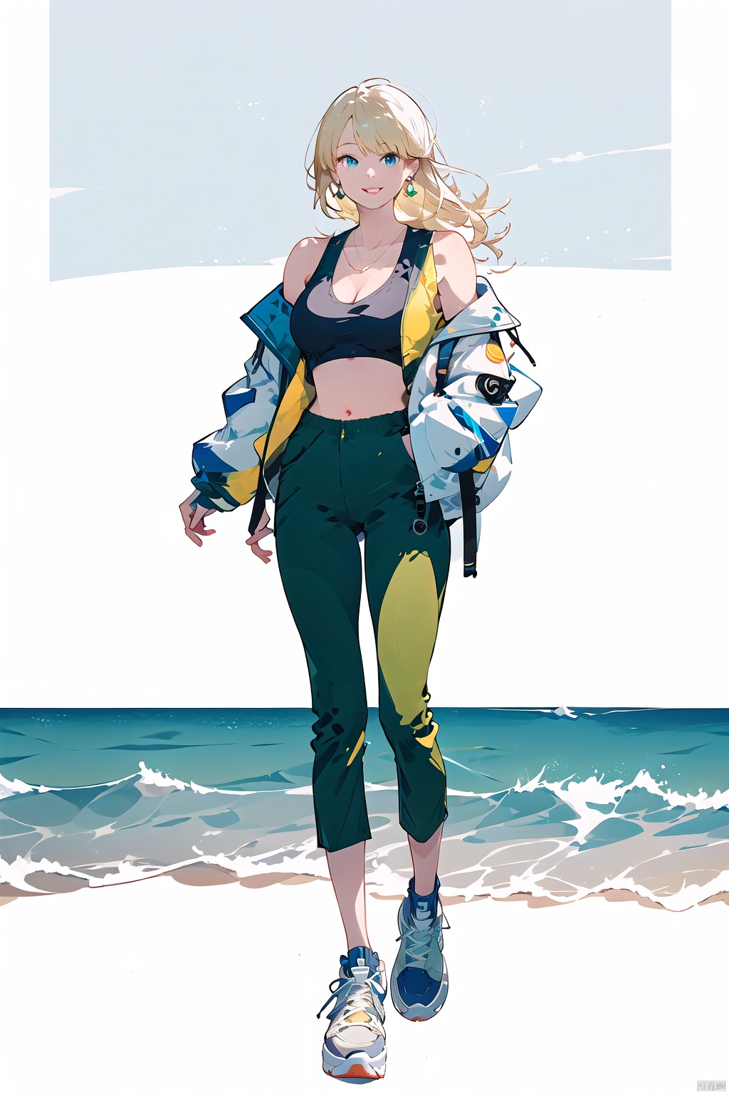  (best quality), ((masterpiece)), (highres), illustration, original, extremely detailed, 1girl, solo, long hair, breasts, white background, full body, yellow background, blonde hair, sneakers, pants, shoes, blue eyes, looking at viewer, navel, white footwear, jewelry, earrings, crop top, off shoulder, midriff, jacket, hands in pockets, bare shoulders, green pants, smile, standing, cleavage, parted lips, open clothes, **** top, medium breasts, collarbone, open jacket, floating hair,white jacket,nai3 style, nai3style,(seaside background:1.2)