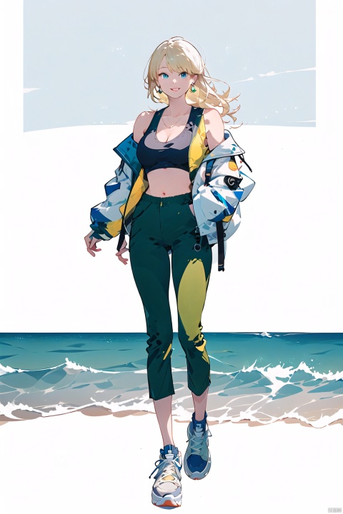  (best quality), ((masterpiece)), (highres), illustration, original, extremely detailed, 1girl, solo, long hair, breasts, white background, full body, yellow background, blonde hair, sneakers, pants, shoes, blue eyes, looking at viewer, navel, white footwear, jewelry, earrings, crop top, off shoulder, midriff, jacket, hands in pockets, bare shoulders, green pants, smile, standing, cleavage, parted lips, open clothes, tank top, medium breasts, collarbone, open jacket, floating hair,white jacket,nai3 style, nai3style,(seaside background:1.2)
