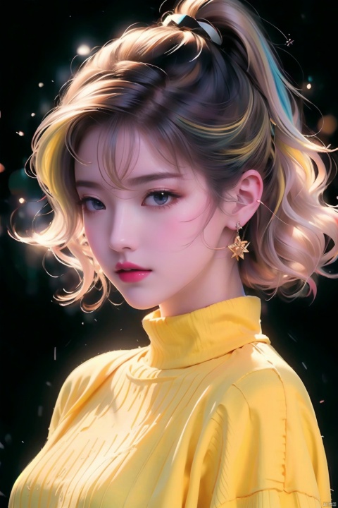  illustrator, anime, realistic, 1girl, lip, Sweater, order, Yellow gradient background, Neon hair, Textured crop, Canadian, (masterpiece, best quality)