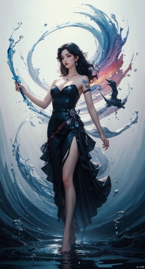  (full body:1.1),masterpiece,bestquality,8k,officialart,cinematic light,ultrahighres,movie perspective, advertising style, colorful, Colorful background, splash of color A beautiful woman with delicate facial features,dress,full body,
(wavy hair:1.1),drop earrings,necklace,shiny skin,look at view, ((ink)),(water color),girl