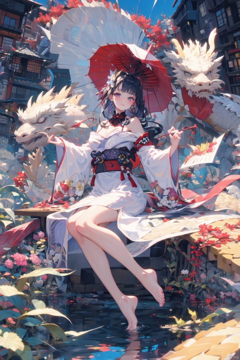  Dragon and girl,1girl,umbrella,holding ,breasts,long hair,barefoot,solo,bare shoulders,white hair,monster,oil-paper umbrella,glowing,floating,long sleeves,dress,looking at viewer,bangs,wide sleeves,white dress, raiden shogun,