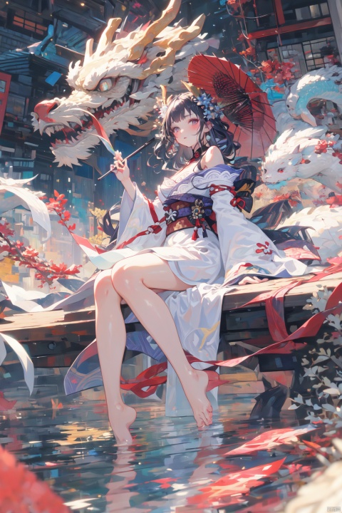  Dragon and girl,1girl,umbrella,holding ,breasts,long hair,barefoot,solo,bare shoulders,white hair,monster,oil-paper umbrella,glowing,floating,long sleeves,dress,looking at viewer,bangs,wide sleeves,white dress, raiden shogun,