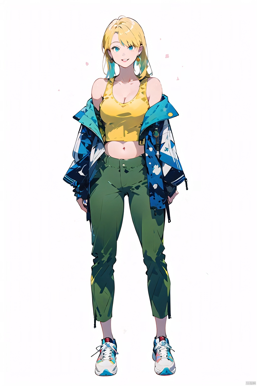  (best quality), ((masterpiece)), (highres), illustration, original, extremely detailed, 1girl, solo, long hair, breasts, white background, full body, yellow background, blonde hair, sneakers, pants, shoes, blue eyes, looking at viewer, navel, white footwear, jewelry, earrings, crop top, off shoulder, midriff, jacket, hands in pockets, bare shoulders, green pants, smile, standing, cleavage, parted lips, open clothes, **** top, medium breasts, collarbone, open jacket, floating hair,white jacket,nai3 style, nai3style,(colorful background:1.2)