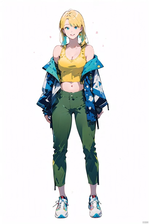  (best quality), ((masterpiece)), (highres), illustration, original, extremely detailed, 1girl, solo, long hair, breasts, white background, full body, yellow background, blonde hair, sneakers, pants, shoes, blue eyes, looking at viewer, navel, white footwear, jewelry, earrings, crop top, off shoulder, midriff, jacket, hands in pockets, bare shoulders, green pants, smile, standing, cleavage, parted lips, open clothes, tank top, medium breasts, collarbone, open jacket, floating hair,white jacket,nai3 style, nai3style,(colorful background:1.2)