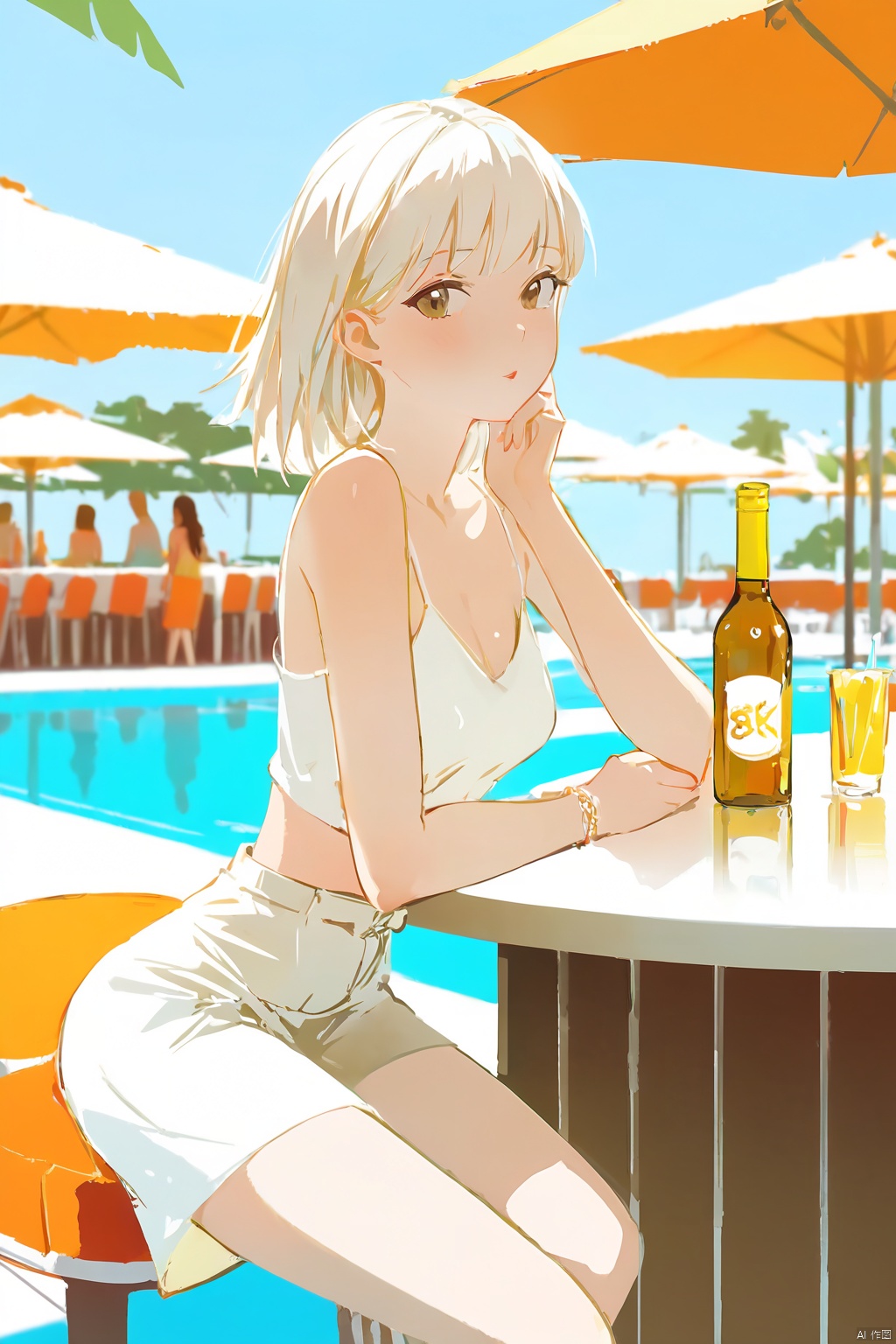  (((masterpiece))), best quality,realistic,(best quality), {{masterpiece}}, {highres}, original, extremely detailed 8K wallpaper), (full body:1.2), a female portrait, summer clothing, dynamic postures, (in a poolside bar:1.2), (from a distance:1.2), (wide view:1.2), sharp line art, simple white background, flat, nijistyle, high_contrast, bianpingshouhui