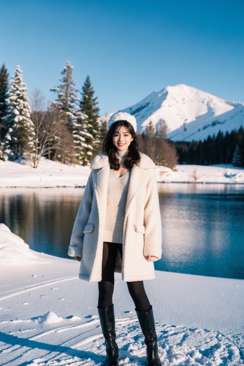  Girl in winter wonderland, smile,panoramic view, standing on the edge of a frozen lake, wearing a fur-edged long down jacket, ((opens the coat to reveal underwear and bra, paired with pantyhose)), snow boots, gloves, wool hat, surrounded by tall pine trees dusted with snow, a crisp blue sky with sunlight breaking through the clouds, casting elongated shadows, snowdrifts on the lake shore, distant mountains under the pink alpenglow, capturing the season of peace and tranquility,dynamic pose,