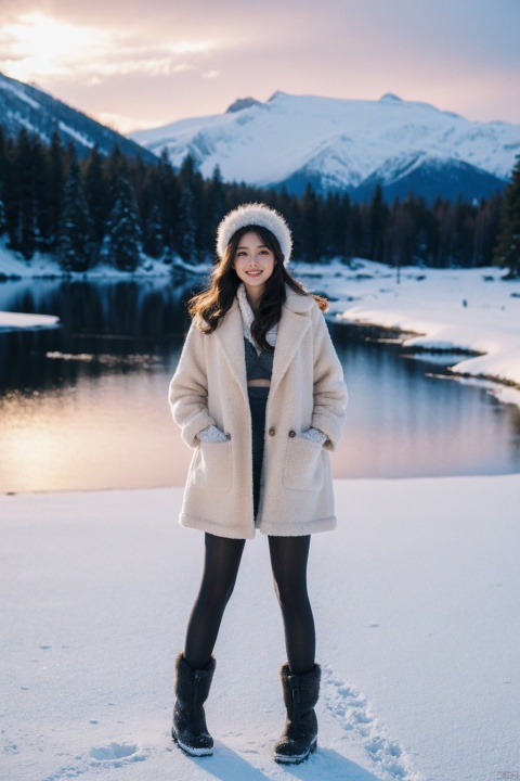  Girl in winter wonderland, smile,panoramic view, standing on the edge of a frozen lake, wearing a fur-edged long down jacket, ((opens the coat to reveal underwear and bra, paired with pantyhose)), snow boots, gloves, wool hat, surrounded by tall pine trees dusted with snow, a crisp blue sky with sunlight breaking through the clouds, casting elongated shadows, snowdrifts on the lake shore, distant mountains under the pink alpenglow, capturing the season of peace and tranquility,dynamic pose,