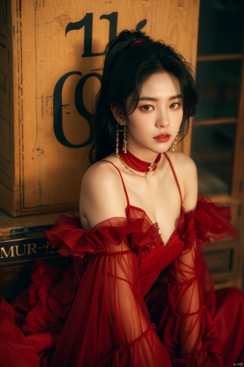  sdmai, hongchen, 1girl, solo, fashion clothes, black hair, realistic, jewelry, earrings, looking at viewer, dynamic background,choker,