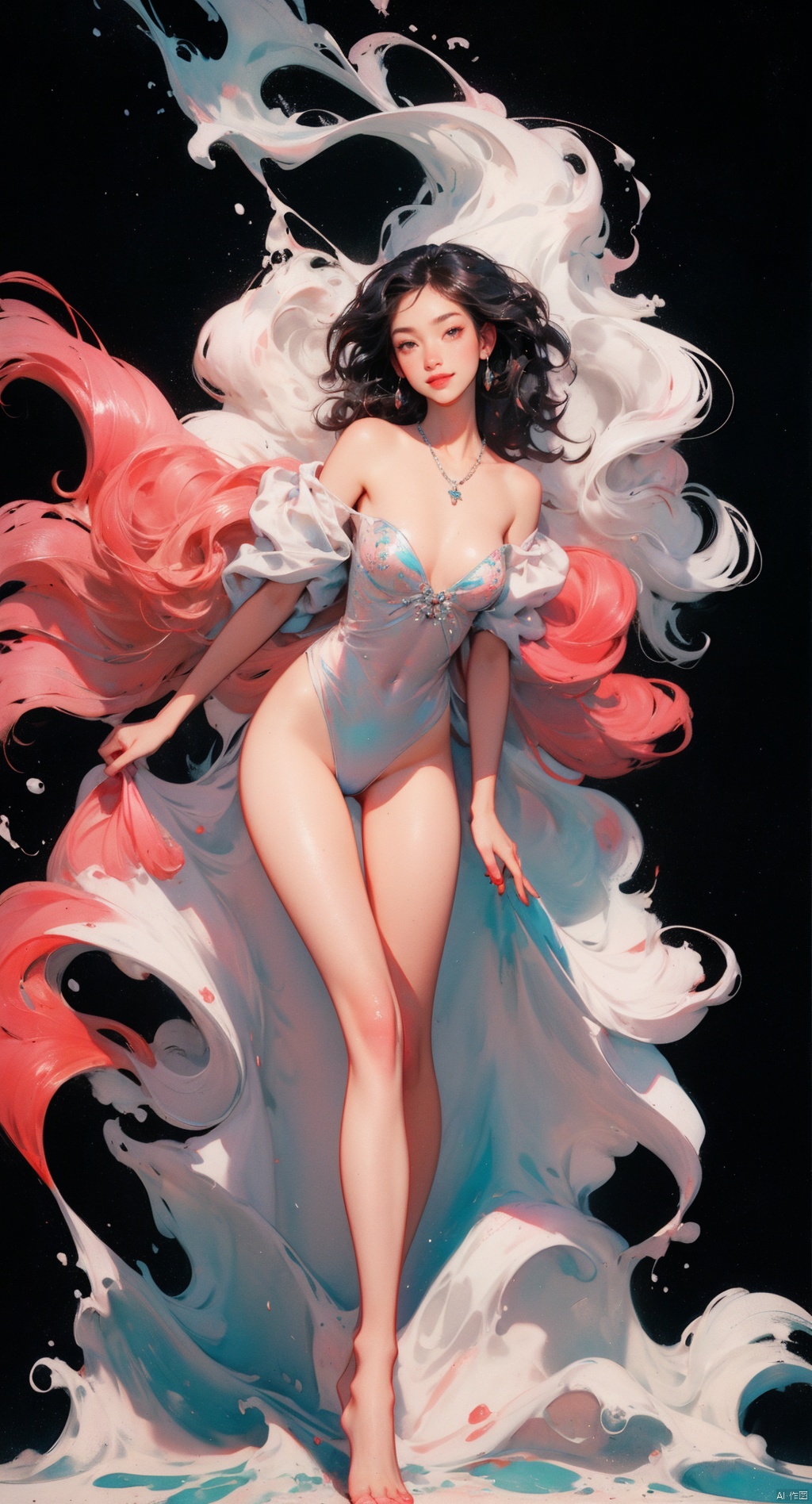  (full body:1.1),masterpiece,bestquality,8k,officialart,cinematic light,ultrahighres,movie perspective, advertising style, magazine cover
offcial art, colorful, Colorful background, splash of color A beautiful woman with delicate facial features, big breasts,full body,sexy pose,smile,
(wavy hair:1.1),drop earrings,necklace,shiny skin,look at view, ((ink)),(water color),