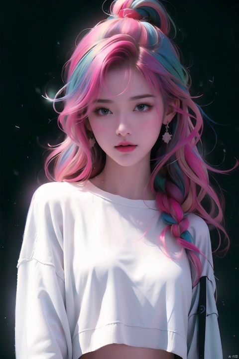  illustrator, anime, realistic, 1girl, lip, Sweater, order, colorful background, Neon hair, Textured crop, Canadian, (masterpiece, best quality)