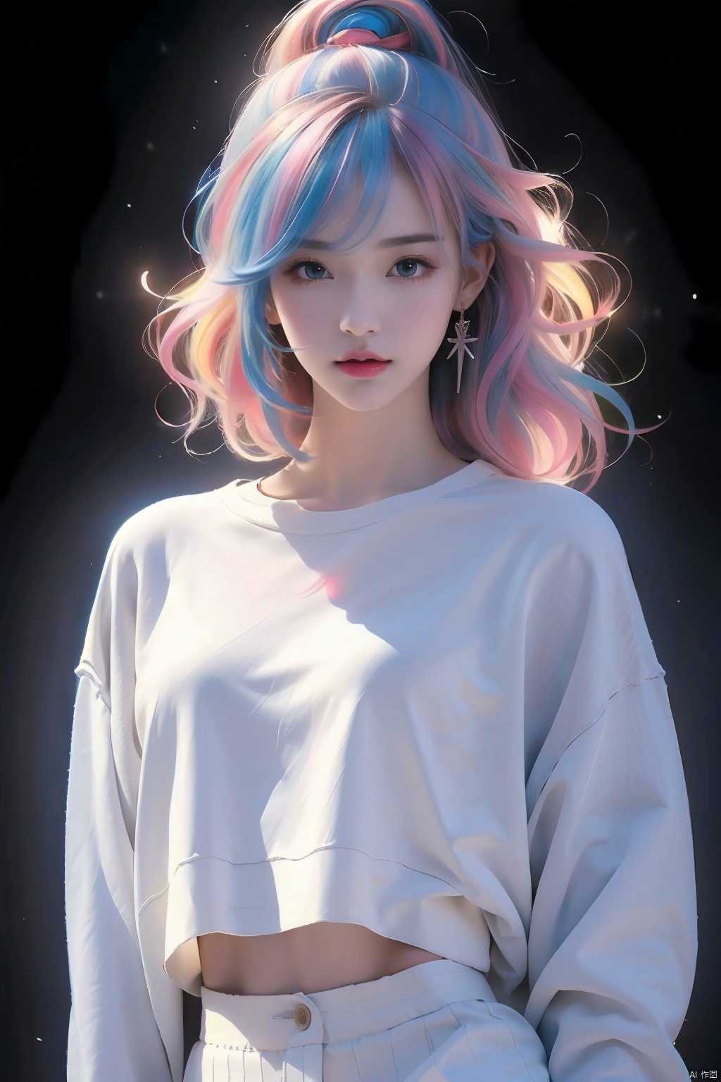 illustrator, anime, realistic, 1girl, lip, Sweater, order, colorful background, Neon hair, Textured crop, full body, masterpiece, best quality,