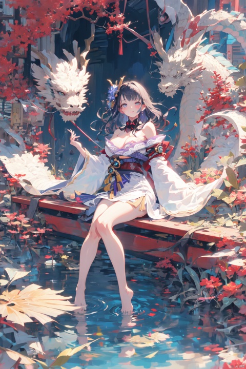  Dragon and girl,1girl,umbrella,holding umbrella,breasts,holding,long hair,barefoot,solo,bare shoulders,white hair,monster,oil-paper umbrella,glowing,floating,long sleeves,large breasts,dress,looking at viewer,bangs,wide sleeves,white dress,, raiden shogun,