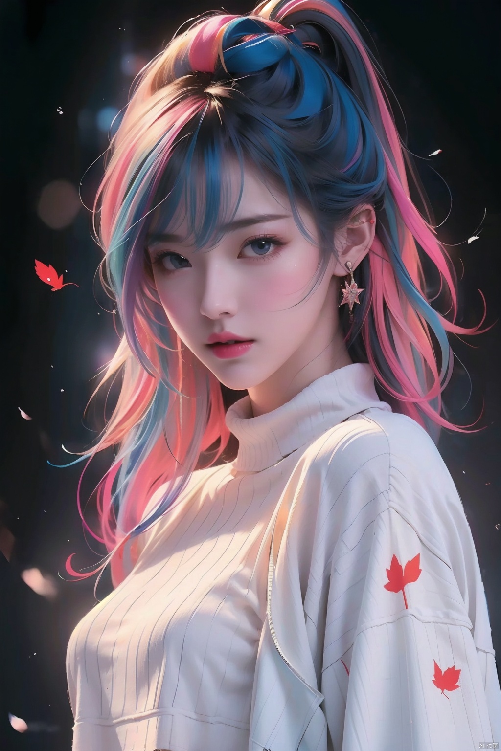  illustrator, anime, realistic, 1girl, lip, Sweater, order, colorful background, Neon hair, Textured crop, Canadian, (masterpiece, best quality)