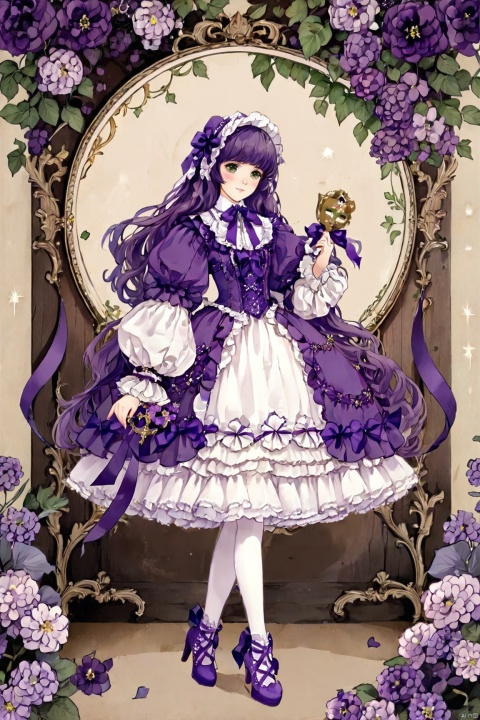  1girl, flower, long hair, dress, horse, solo, gem, lolita fashion, purple hair, green eyes, purple footwear, bangs, full body, holding, frills, hair ornament, long sleeves, looking at viewer, purple ribbon, very long hair, bonnet, hair flower, blunt bangs, frilled dress, ribbon, holding mask, wavy hair, bow, purple flower, blush, puffy sleeves, purple bow, high heels, cross-laced clothes